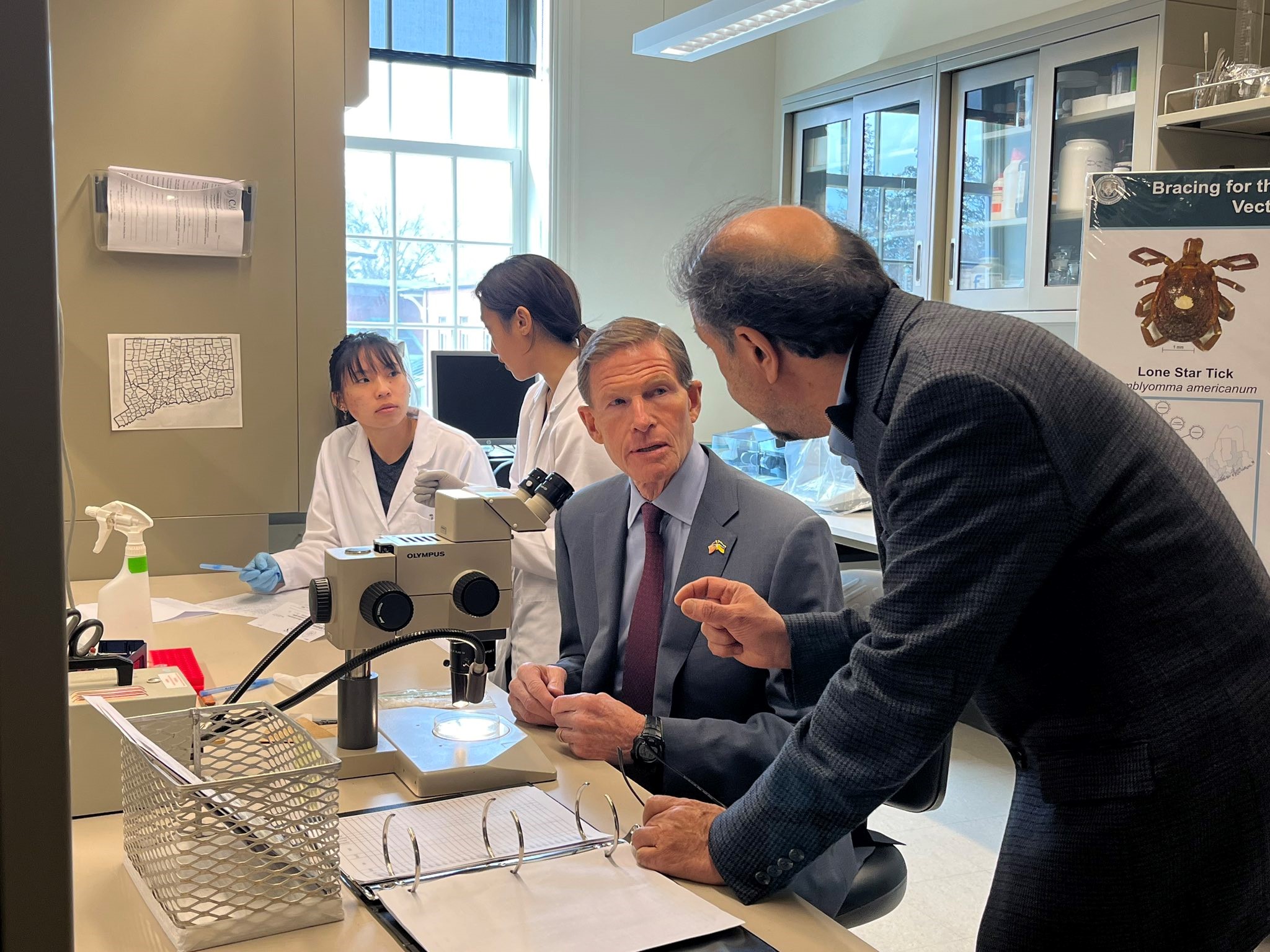 Blumenthal visited the Connecticut Agricultural Experiment Station to announce millions of dollars in federal funds to fight tick borne diseases such as Lyme, Babesiosis, and Powassan.